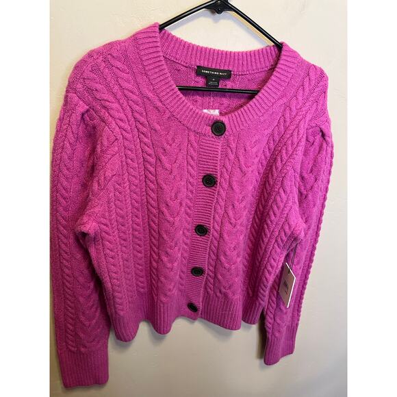 Something Navy Pink Knit Cardigan NWT Fuzzy Chunky Sweater Women’s Size XL - Picture 3 of 12
